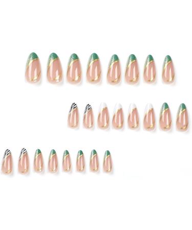 French Tip Press on Nails with Nail Tips Green almond shaped fake nails with black and gold stripe design press on nails Acrylic False Nails Cute Artificial Nails - Buy Online on GoSupps.com