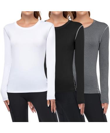 WANAYOU Women's 2-3 Pack Compression Shirt Dry Fit Long Sleeve Running Athletic T-Shirt Workout Tops 3 Pack(black+white+grey) Small