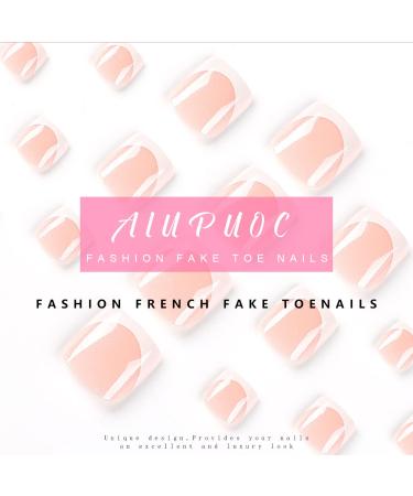 French Tip Press on Toenails for Women - Pink Nude White Glitter Design - 24Pcs - Buy Online on GoSupps.com