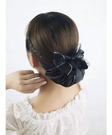 Women Black Hair Clip Ribbon Barrette with Net Chignon - Professional Bun Cover Snood Hairnet Bow-knot Decoration - Buy Online on GoSupps.com