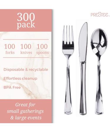300 Plastic Silverware Set - Disposable Cutlery Utensils - Heavy Duty Bulk Flatware Set Silver - 100 Forks, 100 Spoons, 100 Knives - Buy Online on GoSupps.com