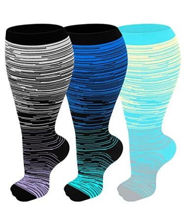 Refeel Plus Size Compression Socks Wide Calf For Women & Men 20-30 mmhg - Large Size Knee High Support Stockings For Medical 02-Gray/Dark Blue/Light Blue 3X-Large