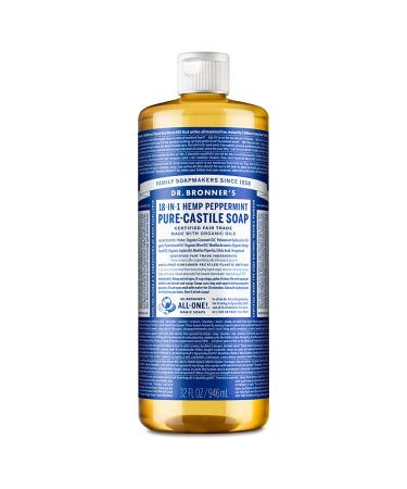 Dr. Bronner's - Pure-Castile Liquid Soap (Peppermint  32 ounce) - Made with Organic Oils  18-in-1 Uses: Face  Body  Hair  Laundry  Pets and Dishes  Concentrated  Vegan  Non-GMO Peppermint 32 Fl Oz (Pack of 1)