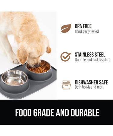 Gorilla Grip Slip Resistant Pet Bowl Set with Silicone Feeding Mat - Stainless Steel Cat and Dog Dish with Raised Edges for No Spills - 2 Cup Gray - Buy Online on GoSupps.com