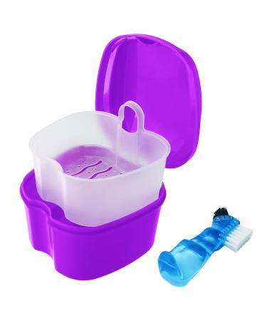 Colorful Denture Bath Case with Brush, Denture Cup Soaking Holder False Teeth Container Mouth Guard Storage Case Cleaning with Lid Waterproof - Purple