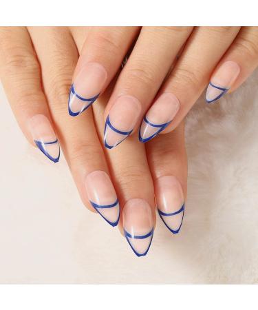 Glossy Almond Press on Nails Blue Line - 24Pcs Medium Oval Geometric French Tips for Women and Girls - Buy Online on GoSupps.com
