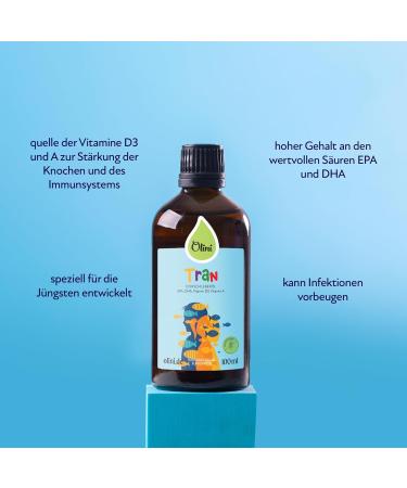 Olini Fish Oil Liquid for Children - Omega 3 EPA DHA Vitamin A & D3 - Natural Liver Support - 100ml Glass Bottle - Buy Online on GoSupps.com