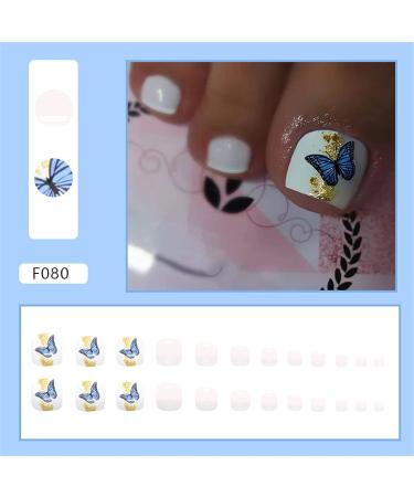 VOTACOS French Tip Butterfly Design Press on Toenails - 24PCS Short Square Fake Toeails for Women - Nude Full Cover Glossy Acrylic Toenails - Toe Nail X36 D8 - Buy Online on GoSupps.com