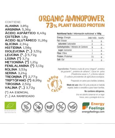 Energy Feelings Energy Feelings | Organic Vegan Protein Chocolate Flavor | 70% Rice Pea and Canamo Protein | Gluten-Free | Lactose-Free | Cocoa Protein Powder | 500g - Buy Online on GoSupps.com