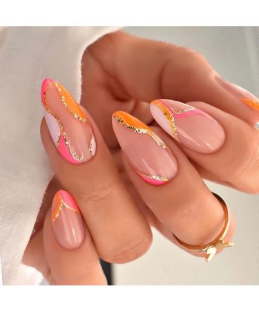 Almond Press on Nails Medium Orange Pink False Nails Summer Artificial Gold Line Design Fake Nails for Women Acrylic Stick on Nail with Adhesive Tabs 24 Pcs Almond Orange Nails