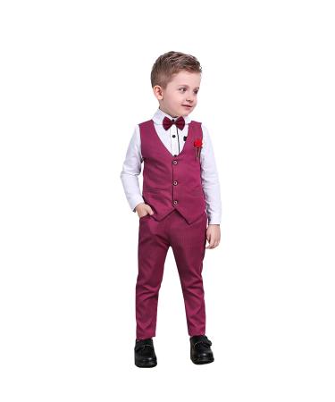 Nwada Boys Suits 4pcs Gentleman Suits Boys Clothes Set Kids Blazer & Pants Outfit Boys Wedding Suits Waistcoat + Shirt + Bowtie + Pants Child Tuxedos Outfits Wine Red 3-4 Years
