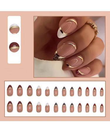 Almond French Tip Fake Nails with Gold Foil Leopard Designs - Glossy Acrylic False Nails for Women - DIY Brown Gold White - Glue On - Buy Online on GoSupps.com