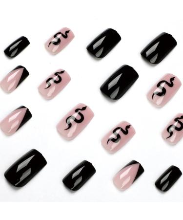Runrayay Medium-Sized Black & Nude Artificial Nails | Snake Design Coffin Acrylic Nail Tips - 24 Pieces for Women & Girls - Buy Online on GoSupps.com
