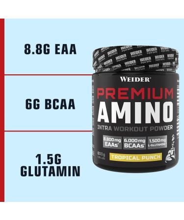 Weider Premium Amino Intra Workout Drink - EAA/BCAA with L-Glutamine & Electrolytes Tropical Punch 800g - Boost Energy & Performance - Buy Online on GoSupps.com
