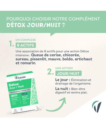 VITAVEA WELL-BEING - 24h Detox Food Supplement Day & Night - Elimination Digestion Drainage - Elderberry Chlorella Turmeric Birch Cherry Tail Artichoke - 28 tablets - Made in France - Buy Online on GoSupps.com