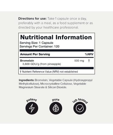 Ultra High Strength Non-GMO Bromelain Capsules 500mg - 120 Veggie Capsules | 3600 GDU/Gram Concentrated & Bioavailable - Buy Online on GoSupps.com