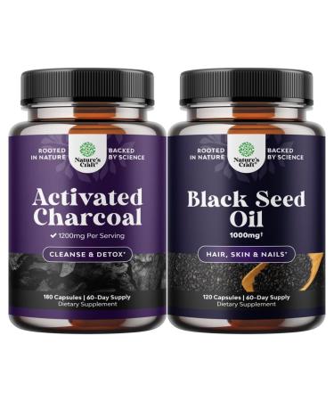 Bundle of Activated Charcoal Pills Detox & Cleanse - Purifying Coconut Capsules with 1200 mg Per Serving for Bloating Relief and Cold Pressed Black Seed Oil Capsules - Vegan Nigella Sativa Black Cumin
