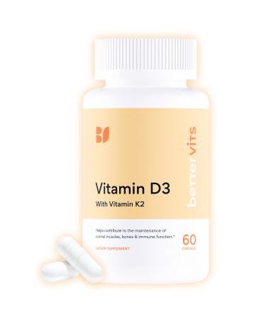 Bettervits Vitamin D3 5000 IU for Women and Men | with High Strength K2 Vitamins for Immune Support and Bone Health | Vitamin D Supplements with Calcium Absorption | 60 Vegetarian Capsules