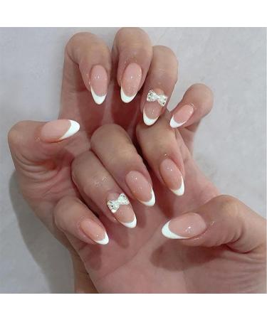 JUSTOTRY 24 Pcs Almond Short False Nails with Bow White French Press on Nails Pattern Pretty Fake Nails Short with Nail Glue Oval Medium Stick on Nails for Women Nails Fake Nail for Nails Art White&almond1