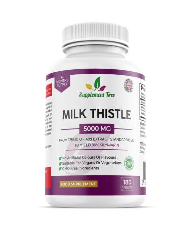 Milk Thistle Tablets 5000mg 180 Vegan Tablets - High Strength 80% Silymarin Milk Thistle Extract Supplement - One a day 6 Months Supply UK Made By Supplement Tree