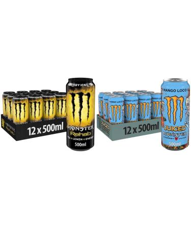 Monster Energy Rehab Lemon - caffeinated energy iced tea (12 x 500 ml) & Mango Loco - caffeinated energy drink with tropical fruit flavor from mango guava and pineapple - disposable (12 x 500 ml) bundle with Mango Loco