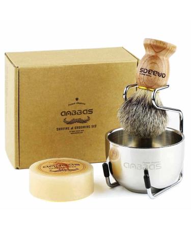 Shaving Brush Set, 4pcs Anbbas Pure Badger Hair Brush Solid Wood Handle with Goat Milk Shaving Soap 100g,Stainless Steel Shaving Stand and 2 Layers Shaving Bowl Kit Perfect for Men Gift