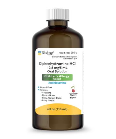Rising Health - Allergy Relief Liquid Medicine with Diphenhydramine HCl 12.5mg/5ml - Kids' Allergy Syrup for Allergy Symptoms Like Runny Nose Itchy Eyes & More - Cherry Flavor - 4 fl. oz