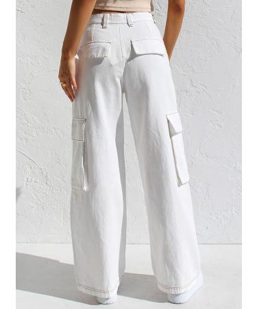 EVALESS Women's High Waisted Cargo Pants - Casual Loose Fit Straight Leg Trousers with Pockets - White - Buy Online on GoSupps.com