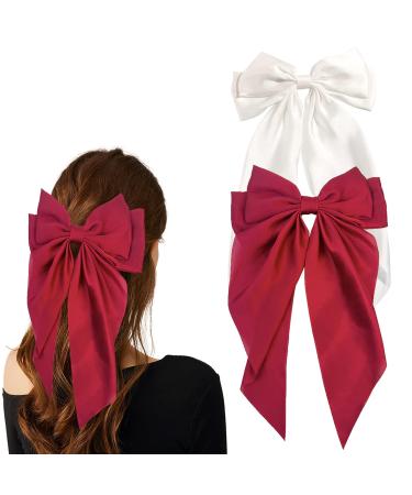 2PCS Big Bow Hair Clips soft Silk Smooth Satin Hairpin Long Tail French Ribbon Hairpin long Tail French Hair Bows for Women Girl For Birthdays Parties Performances Christmas Thanksgiving And Daily Wear (Wine Red and White)