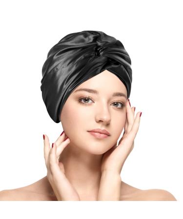 Silk Bonnet Sleep Cap for Women Hair Care Double Layer Silk Night Hair Wrap with Elastic for Frizzy Curly Hair Protection Black