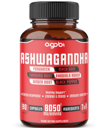 Ashwagandha Extract Capsules 8050mg - 7 Herbs Combined Fenugreek Maca Turmeric Rhodiola Ginger & Black Pepper - 90 Caps for 3 Months - Natural Sleep Adrenal Immune & Energy Supports Supplement