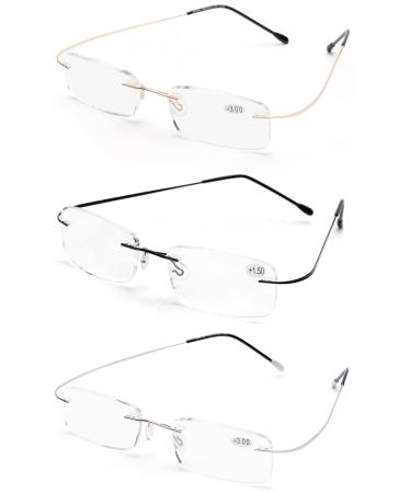 ZUVGEES 3 Pack Rimless Metal Blue Light Filter Reading Glasses for Men and Women Lightweight Anti-blue Computer Glasses 3 Pieces 2.0 x