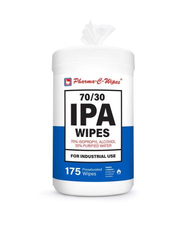 Pharma-C 70% Isopropyl Alcohol Wipes 175 wipes - Large Durable 70/30 IPA Wipes for Industrial Settings. Moisture Lock Lid. MADE IN USA