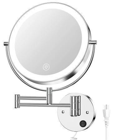 Gospire 9” Wall Mounted Lighted Makeup Vanity Mirror with 3 Color Lights & Stepless Dimming, 1X/10X Magnifying LED Double Sided Bathroom Touch Sensor Extendable Arm 360° Swivel Shaving Cosmetic Mirror Chrome-9in Lighted Mi…