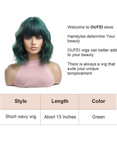 OUFEI Short Green Wavy Wig for Women - Synthetic Heat Resistant Hair for Daily Party & Cosplay - 13 Inches - Buy Online on GoSupps.com