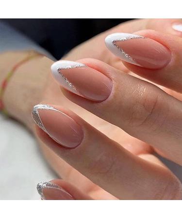 24pcs French Tip False Nails Short Oval White Glitter Silver Edge Stick on nails Press on Nails Removable Glue-on Nails Fake Nails Set Acrylic Full Cover Nails Women Girls Nail Art Accessories