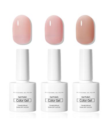 Gel Nail Polish Set Translucent Gel Nail Varnish Spring Pink Nail Polish Kit Sheer Nude Pink & Jelly Pink French Manicure Gel Nail Polish Soak-Off UV/LED 3 Color Nail Gel Gift