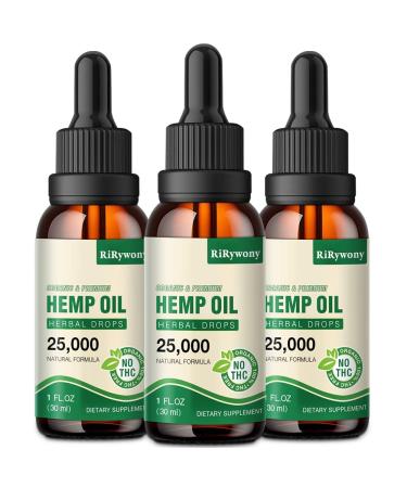 (3-Pack) High Potency Hemp Oil - 25,000 Maximum Strength Helps Anxiety, Stress, Relaxation, Sleep, Mood - Natural Hemp Tincture Drop - Natural Grown in USA - Organic, Vegan, Non-GMO