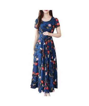 YUTANRAL Womens Summer Cocktail Dresses Elegant Floral Print Short Sleeve Long Dresses Casual Flowy Ruffle A Line Prom Dress Large B Dark Blue