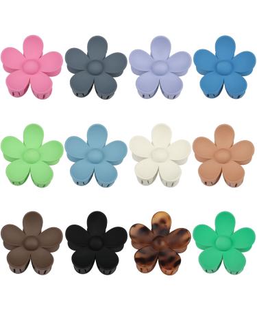 12 PCS Flower Hair Claw Clips Big Jaw Hair Clips for Women Girls 90s Cute Flower Claw Clips 12 Matte Colors Strong Hold Non Slip Large Hair Clamps Hair Catch Barrettes for Thick and Thin Hair pink  light purple  black  k...