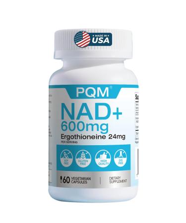 PQM NAD+ 600mg with Ergothioneine 24mg | Supports Cellular Energy Anti Aging & Vitality | 99% Pure NAD Supplement | 60 Vegetarian Capsules Third-Party Tested