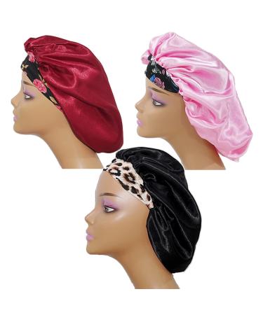 JINHU Silk Bonnet Satin Sleep Cap, 3 Pcs Bonnets for Black Women, Hair Satin Bonnet Wide Elastic Band for Women Night Sleep, Curly Long Hair, Hair Loss (Normal Size)