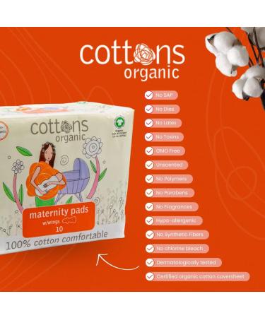Cottons Maternity Pads with Wings - 10 Individually Wrapped, Organic, Unscented, Chlorine-Free - Heavy Absorbency | Single Pack - Buy Online on GoSupps.com