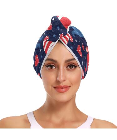 Cute American Independence Dwarf Hair Towel 2 Pack Super Absorbent Hair Drying Towel Quick Dry Hair Turbans Head Towel with Button Twisty Wrap for Women Girls