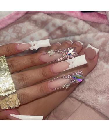 48 Pcs Pink Press on Nails Long Square & Press on Toenails Set - YEFIUO White French Fake Nails Press ons Nail Art Tip Glue on Nails Full Cover Acrylic False Toe Nail Kit with 3D Bow Rhinestone Design Design K05
