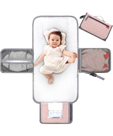 Lekebaby Portable Changing Mat Baby Nappy Changing Mat Travel Baby Change Mat with Wipe-Pocket and Head Cushion Quilted Pink Quilting-Pink