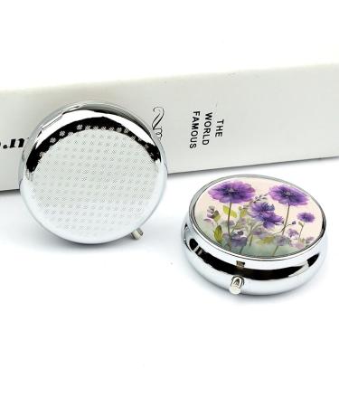 Round Pill Box with Purple Flowers | 3 Compartment Medicine Organizer | Portable Decorative Metal Pill Case - Buy Online on GoSupps.com
