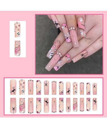 Halloween Press on Nails - Long Square Glue on Nails with Cute Pumpkin & Spider Web Designs | 24 Pcs DIY Ghost Nail Art Decoration for Women - Buy Online on GoSupps.com