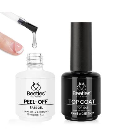 Beetles 2Pcs 15ml Top Coat and PEEL-OFF Base Gel Set Shine Finish and Long Lasting Soak Off LED Nail Lamp Clear Gel Top Base Coat Gel Nail Polish Art Design Home DIY Manicure Gifts