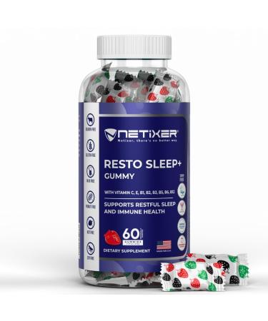 nETiXER Resto Sleep+ Gummies Melatonin 5mg Valerian Root 30mg Chamomile Lavender | with Vitamin C E B1 B2 B3 B5 B6 B12 | 60 Vegan Gummies | Strawberry Flavor | Individually Wrapped